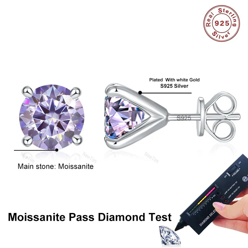 NeeTim 0.5ct 1ct 2ct Moissanite Stud Earrings for Women 925 Sterling Silver Pink Black Blue Grey Sparkling Lab Diamond Earring