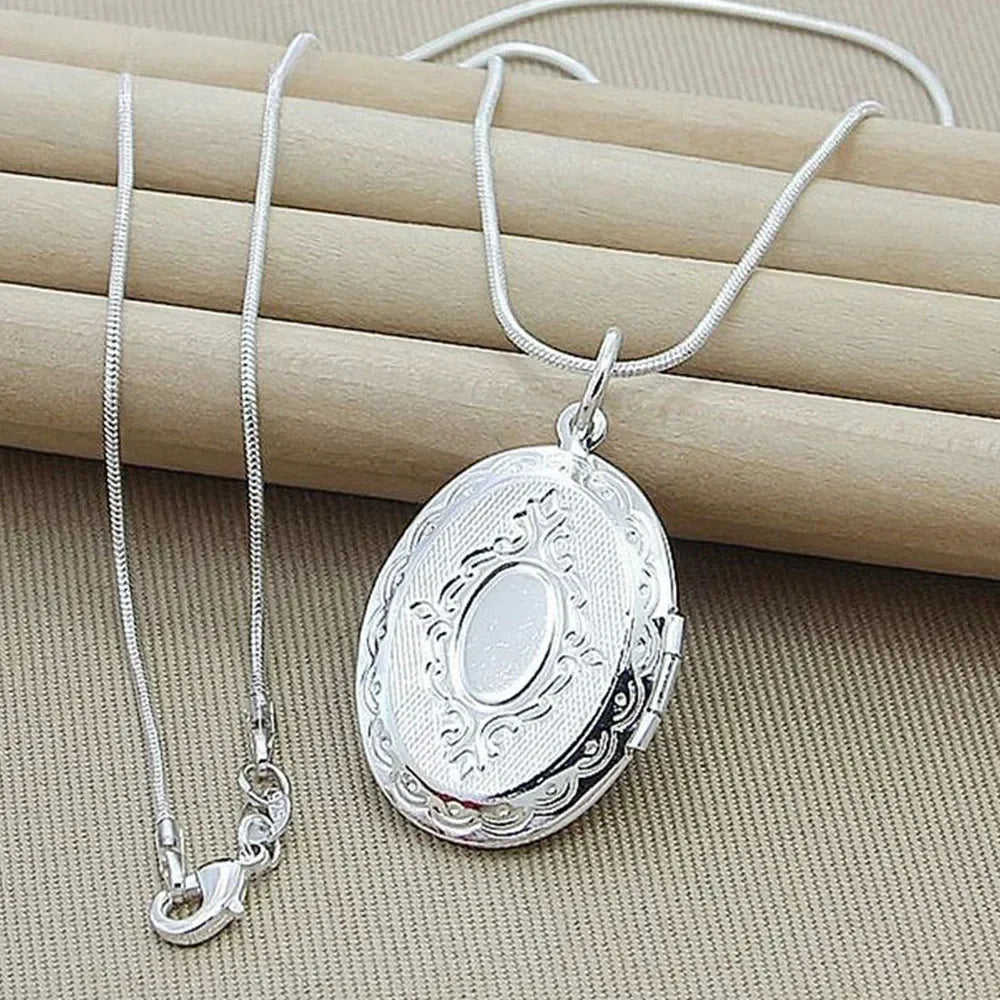 925 Sterling Silver Oval Round Photo Frame Pendant Necklace 18/20-28/30 Inch Snake Chain For Woman Man Wedding Jewelry