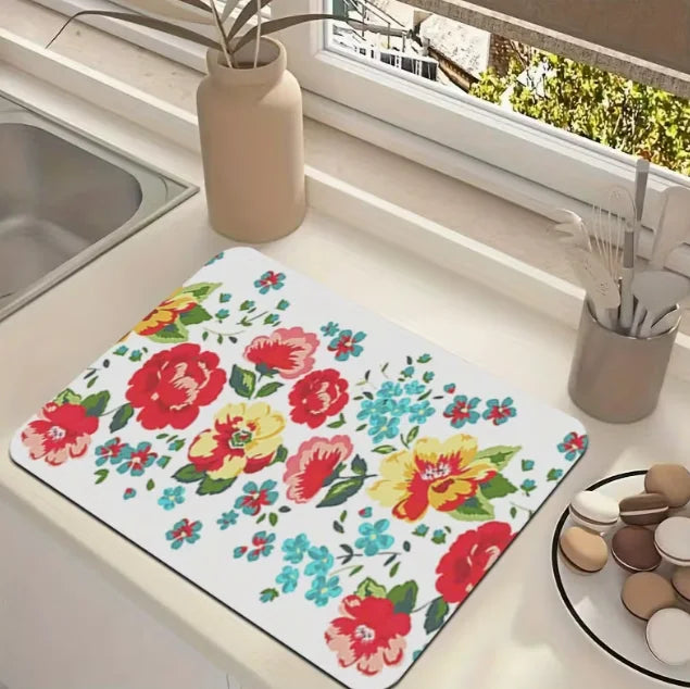 One White Floral Print Tableware Drying Mat Daily Decorative Drying Pad Countertop Absorbent Placemat Refrigerator Mat