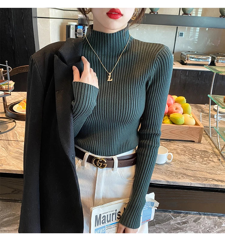 Women Mock Neck Ribbed Knit Pullover Long Sleeve Slim Fit Sweater - Image 26