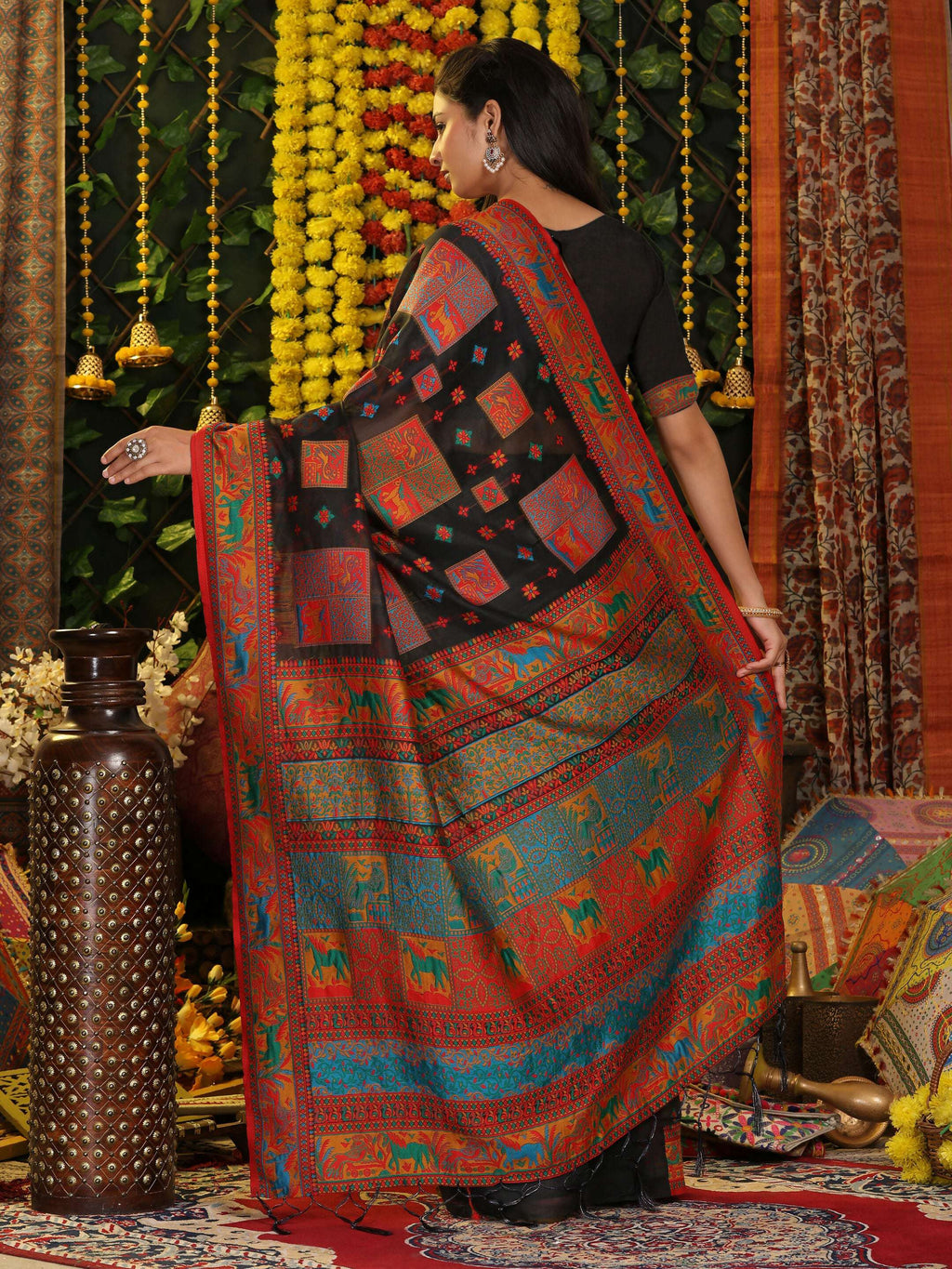 Classic Black Linen Cotton Saree with Matching Blouse Piece
