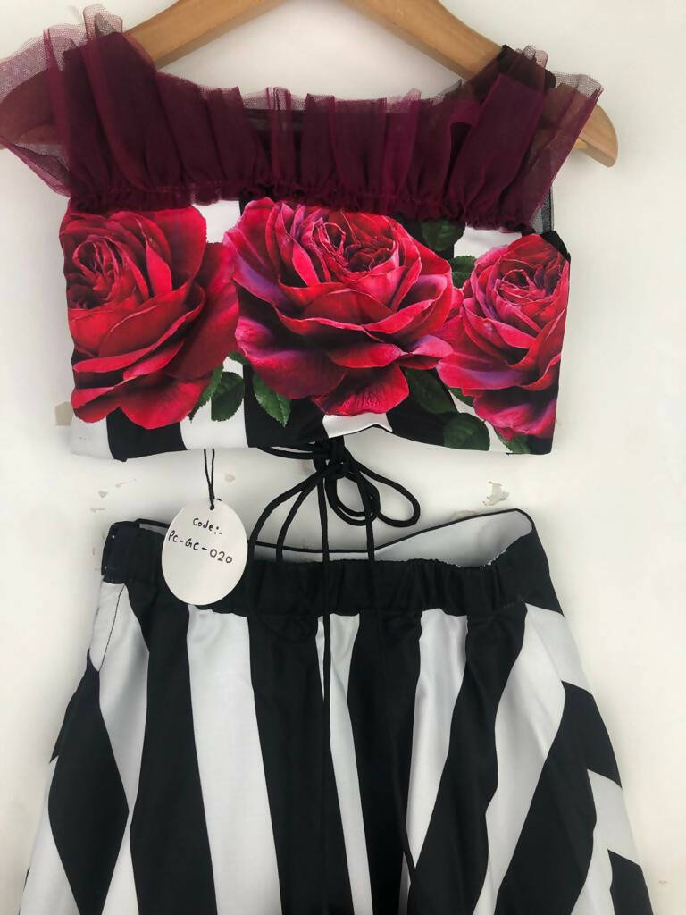 Girls Printed Ghagra Choli with Frill Dupatta in Black and Wine