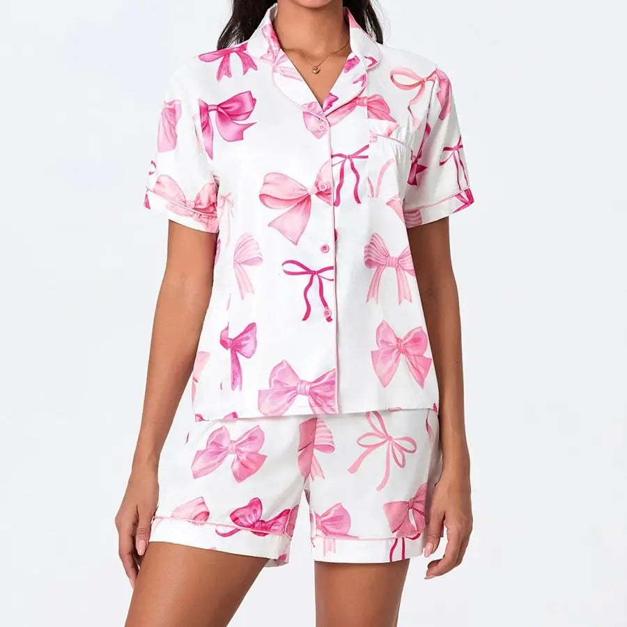 Y2k Pink Bow Silk Pajama Sets for Women