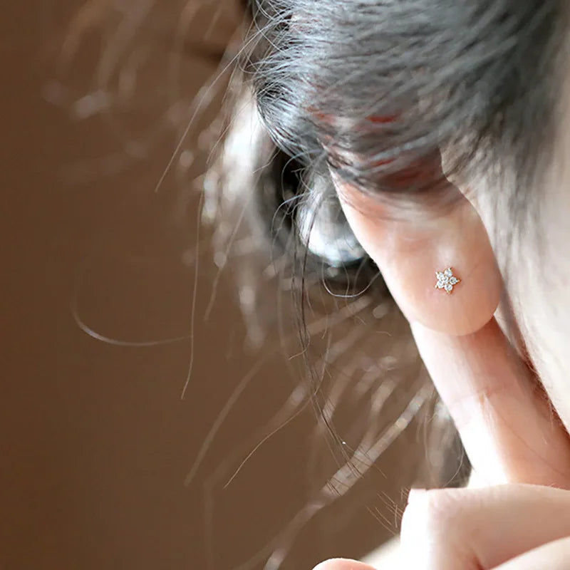 Pentagram Small Flower Zircon Stud Earrings S925 Sterling Silver Elegant Popular Female Accessories Gifts Party All Occasion