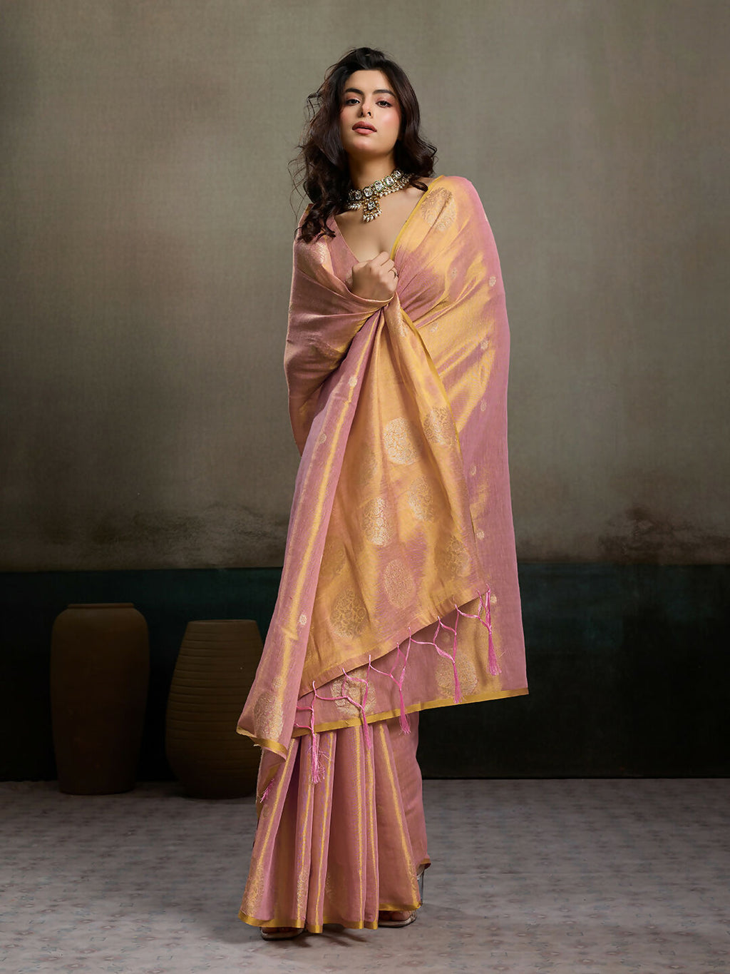 Light Pink Tissue Silk Saree with Matching Elegant Blouse
