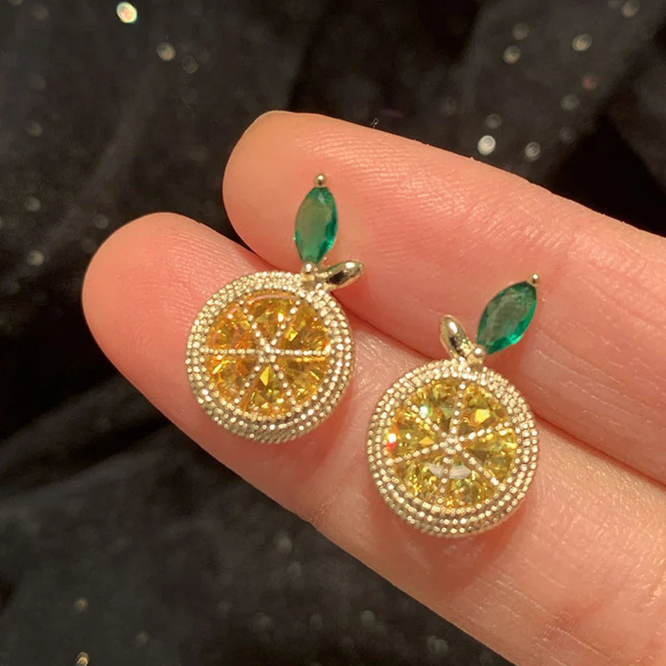 Yupsk Korean Cute Orange Lemon Fruit Stud Earrings for Women Girls Delicate Yellow Cubic Zirconia Fashion Daily Ear Accessories