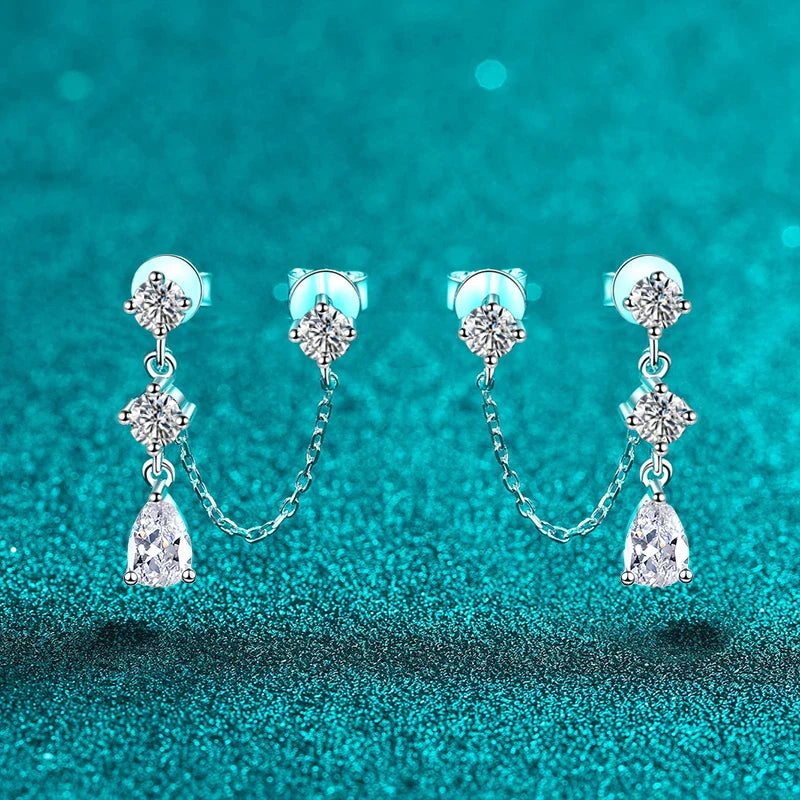 NeeTim Full Moissanite Stud Chain Earrings for Women Sparkling Lab Diamond Earring 925 Sterling Silver Women's Earrings Jewelry