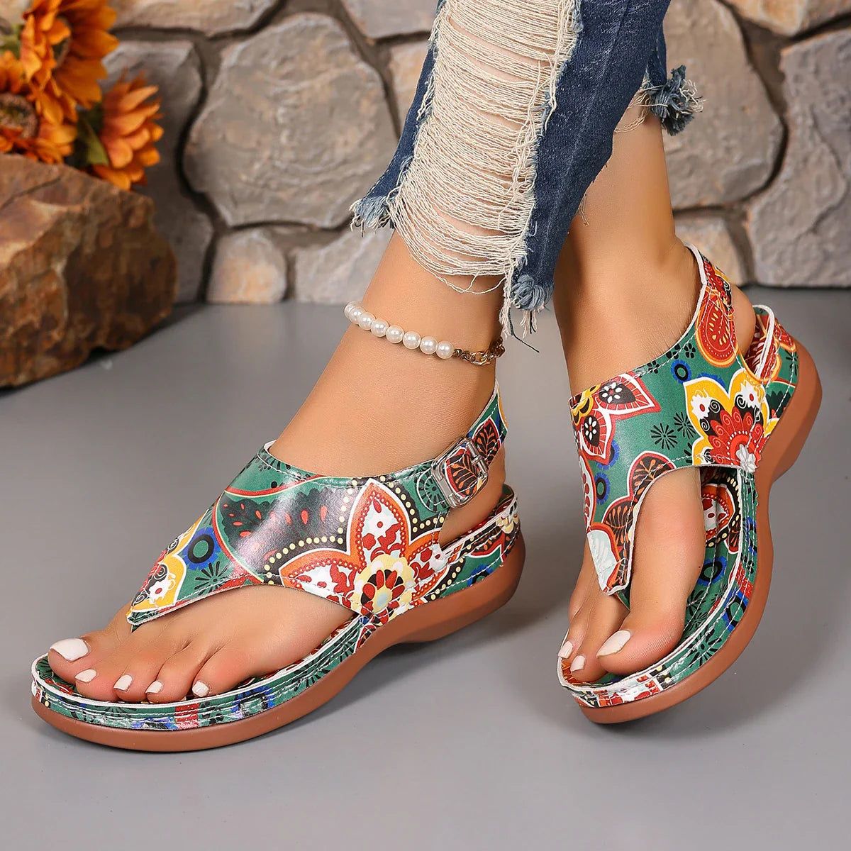 Women's Floral Wedge Sandals Comfortable Casual Outdoor Thong Shoes - Image 19