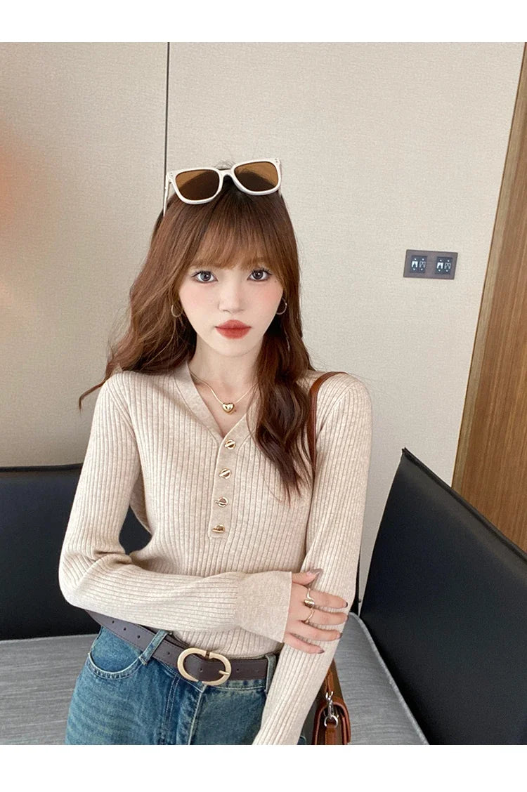 Women Beige Ribbed Button Down Long Sleeve Knitted Pullover Top - Image 21