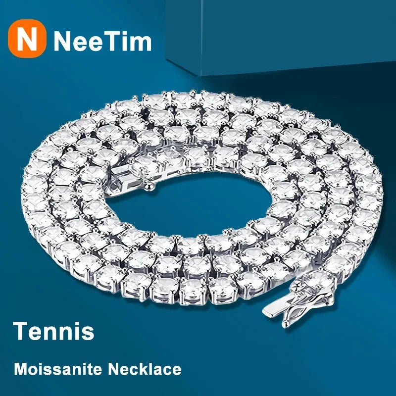 NeeTim 925 Sterling Silver Real Moissanite Tennis Necklace for Women Men Lab Diamonds Neck Chains Necklaces Party Fine Jewelry