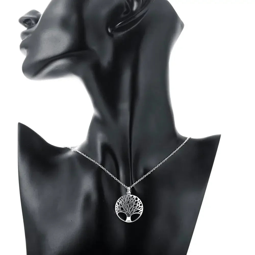 925 Sterling Silver Fine Retro Round Tree Pendant Necklace Earrings Sets For Woman Fashion Party Wedding Jewelry Set Gifts