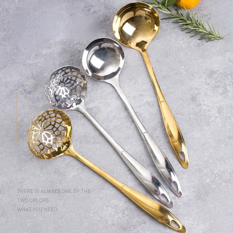 Commercial Long Handle Stainless Steel Soup Spoon, Hot Pot Spoon, Large Golden Soup Spoon, Hot Pot, 2 in 1