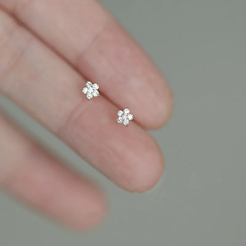 Pentagram Small Flower Zircon Stud Earrings S925 Sterling Silver Elegant Popular Female Accessories Gifts Party All Occasion