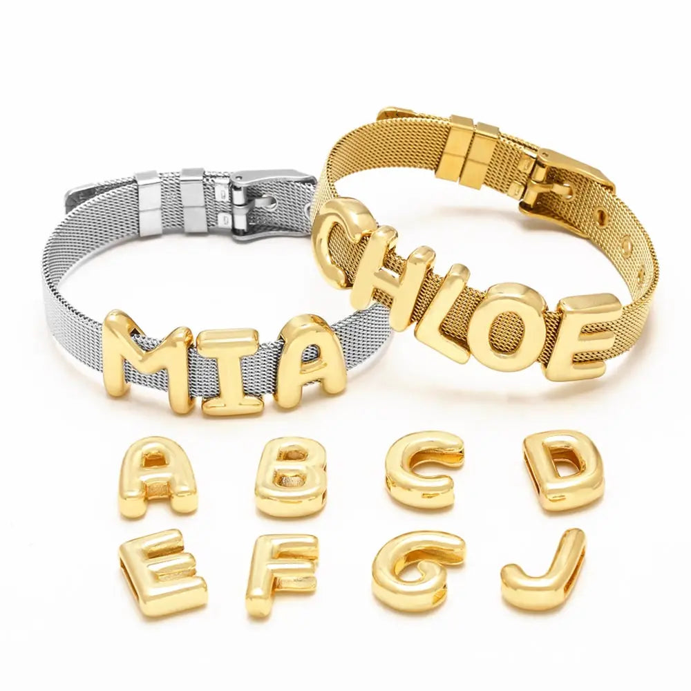 FLOLA DIY 26 Letters Custom Name Bracelets for Women Gold Silver Color Wide Band Initial Bracelets Handmade Jewelry brtd91
