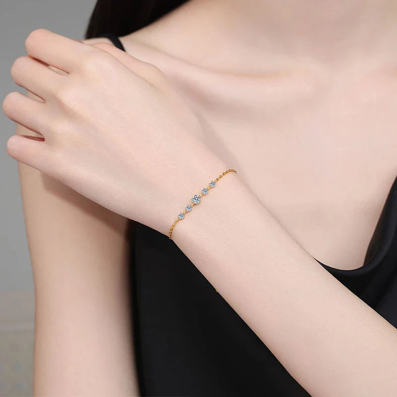 NeeTim Full Moissanite Bracelets for Women S925 Sterling Silver Lab Diamond Plated Gold Bracelet Wedding Birthday Party Jewelry
