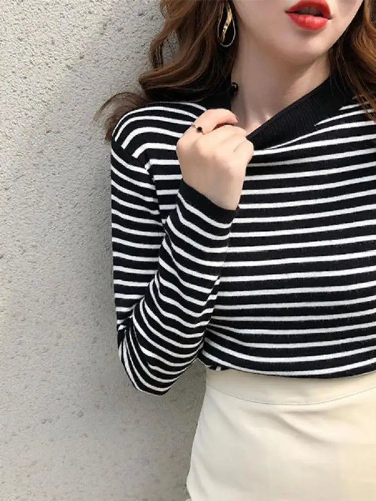 Women Striped Mock Neck Long Sleeve Ribbed Knit Pullover Sweater - Image 19