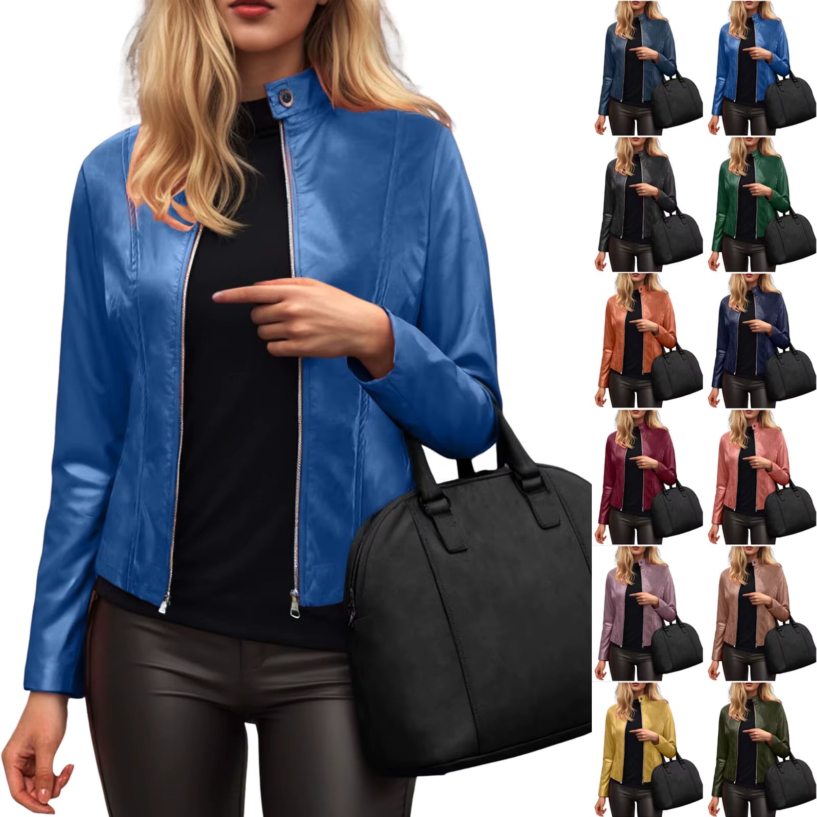 A woman wearing a slim-fit blue faux leather moto jacket with a front zipper and stand collar, shown in multiple color variations.