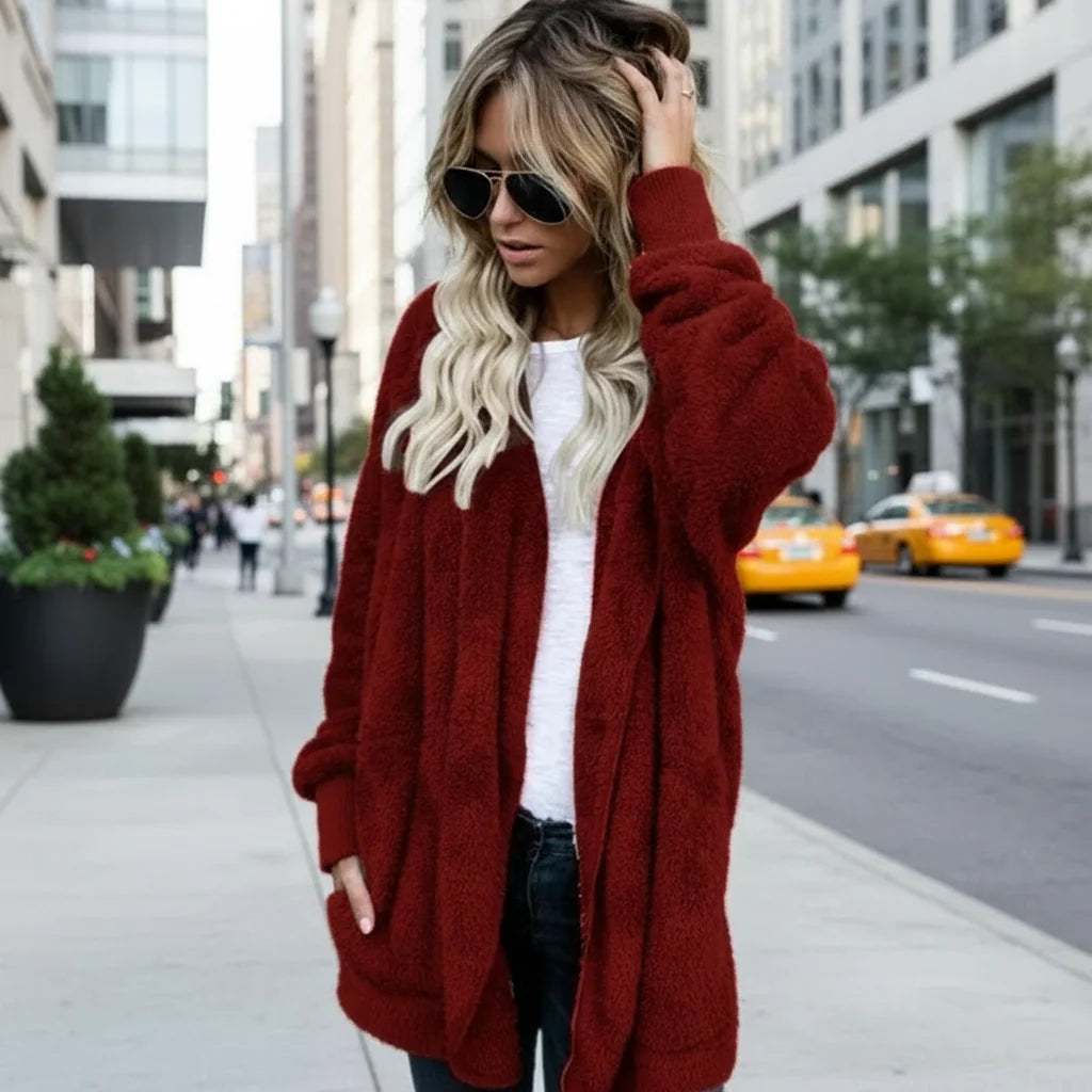Double Fleece Plush Hooded Cardigan Jacket Women