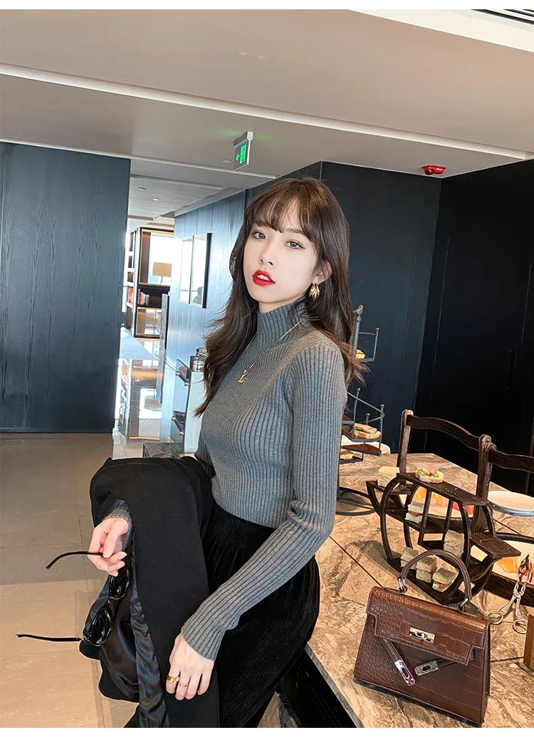 Women Mock Neck Ribbed Knit Pullover Long Sleeve Slim Fit Sweater - Image 22