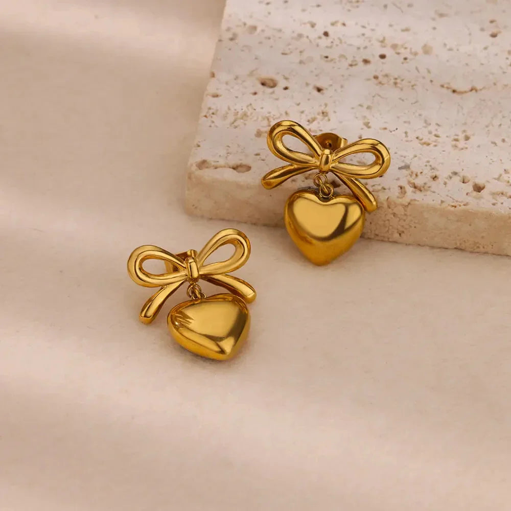 Cute Bow Heart Earrings for Women Stainless Steel Gold Color Heart Stud Earrings 2024 Trend Piercing Jewelry Wedding Party Gift
