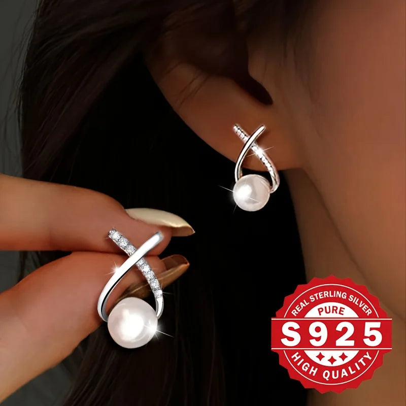 S925 silver, women's cross-tail shellfish pearl earrings, inlaid with synthetic zircon, elegant and suitable for daily wear