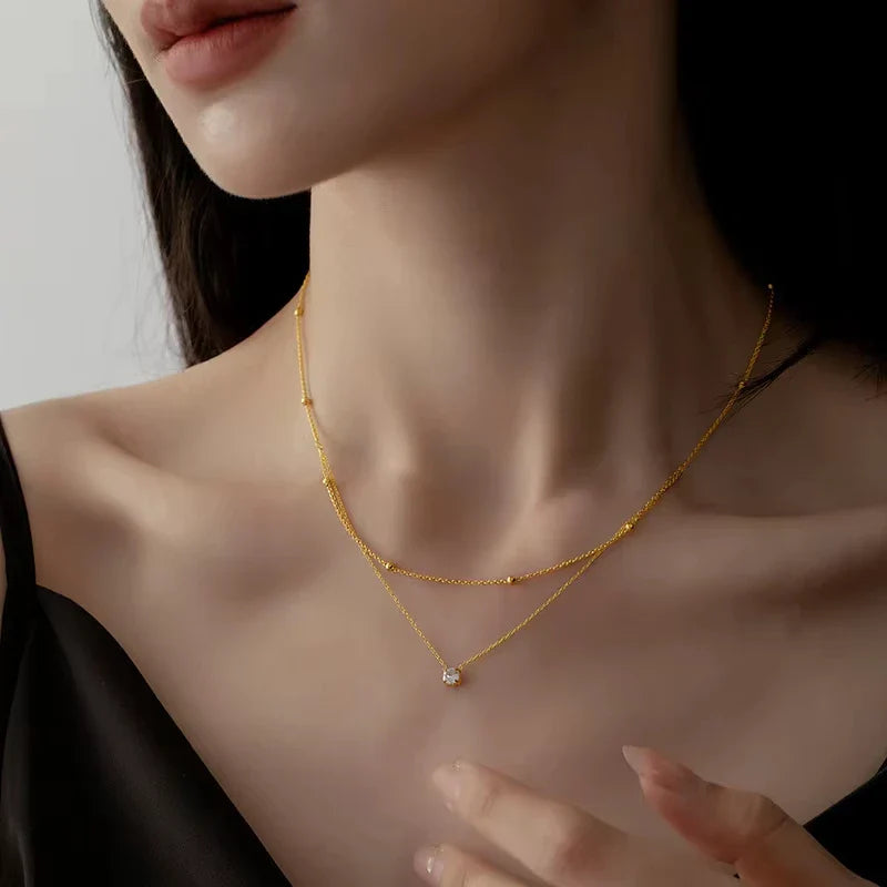 Stainless Steel Light Luxury Charm White Round Zircon Pendant Double layer Necklace Lady Classic Neck Chain Jewelry