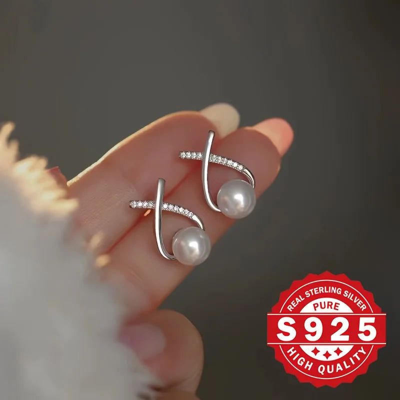 S925 silver, women's cross-tail shellfish pearl earrings, inlaid with synthetic zircon, elegant and suitable for daily wear