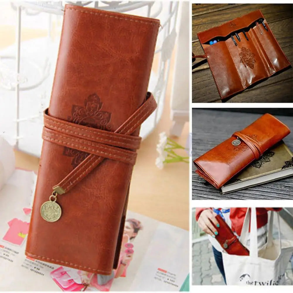 1Pcs Vintage Retro UP Leather Roll Pencil Case Twilight Saga Cosmetic Roll Bag for Women Gifts Stationery Brush Makeup Supplies