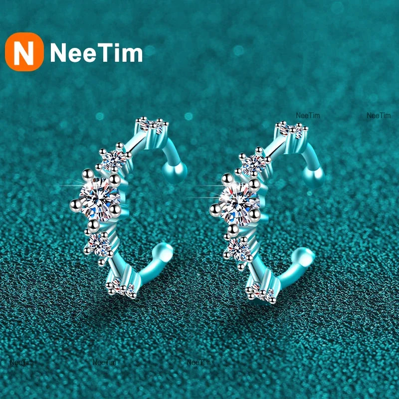NeeTim Full Moissanite Clip Earrings Women Luxury Quality Hip Hop Party S925 Sterling Silver with White Gold Plated Hoop Earring