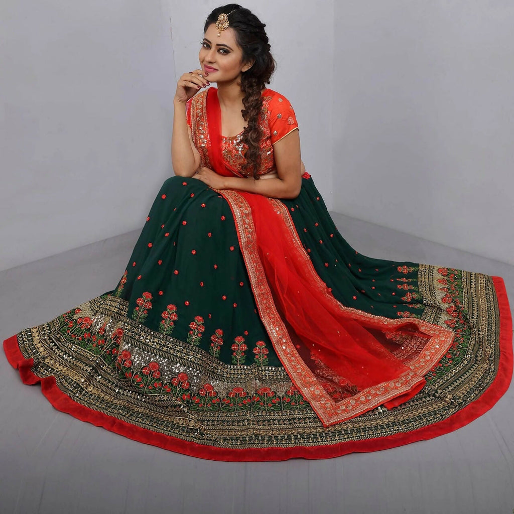 Red & Bottle Green Thread Embroidered Georgette Lehenga Choli