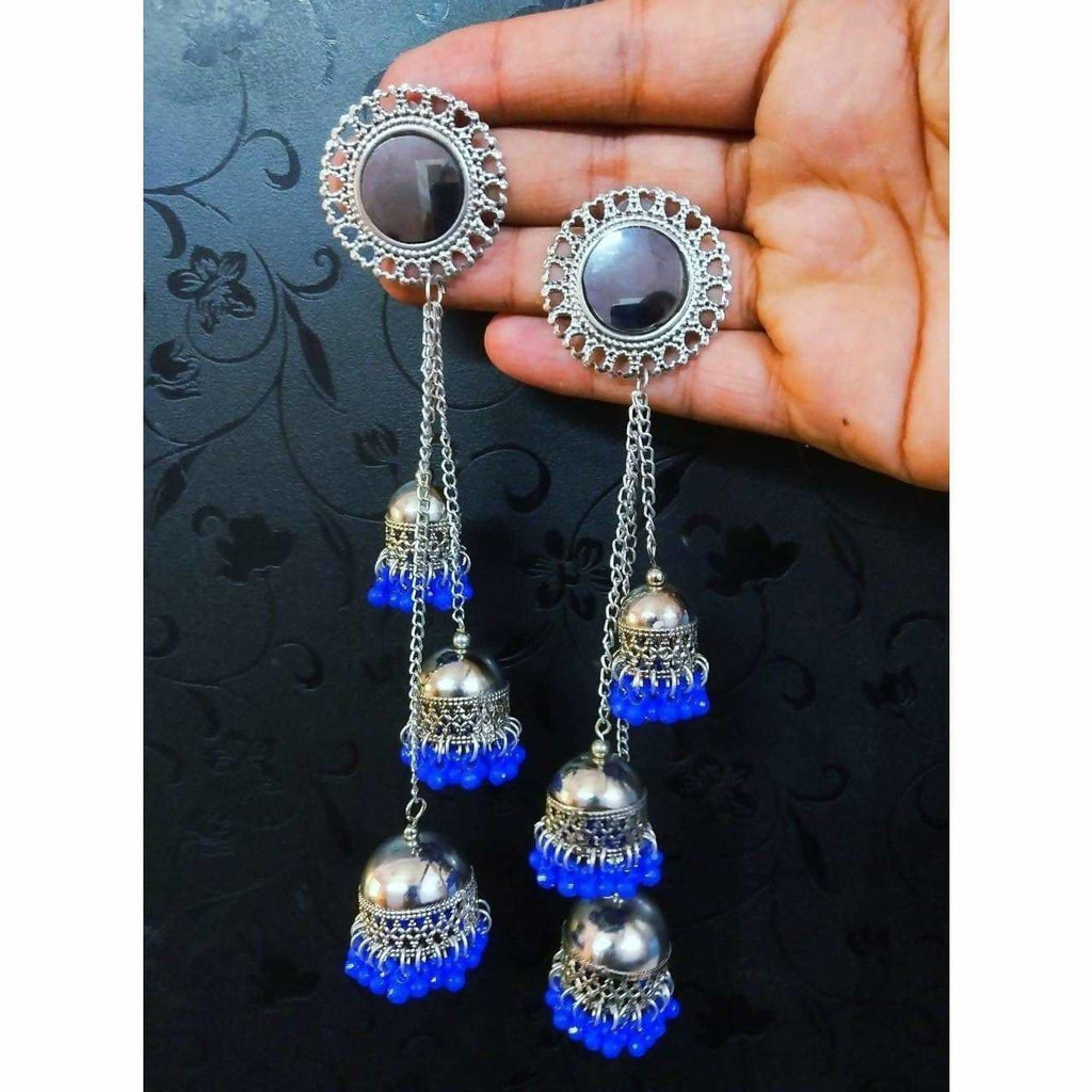 Kashmiri jhumka earrings featuring triple tiers of blue pearl drops