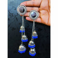 Kashmiri jhumka earrings featuring triple tiers of blue pearl drops