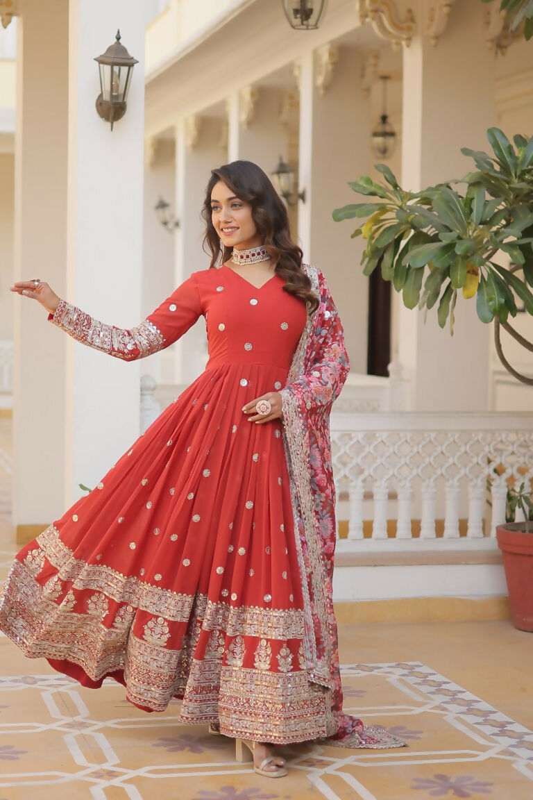 Women's Orange Faux Georgette Sequins Zari Embroidered Anarkali