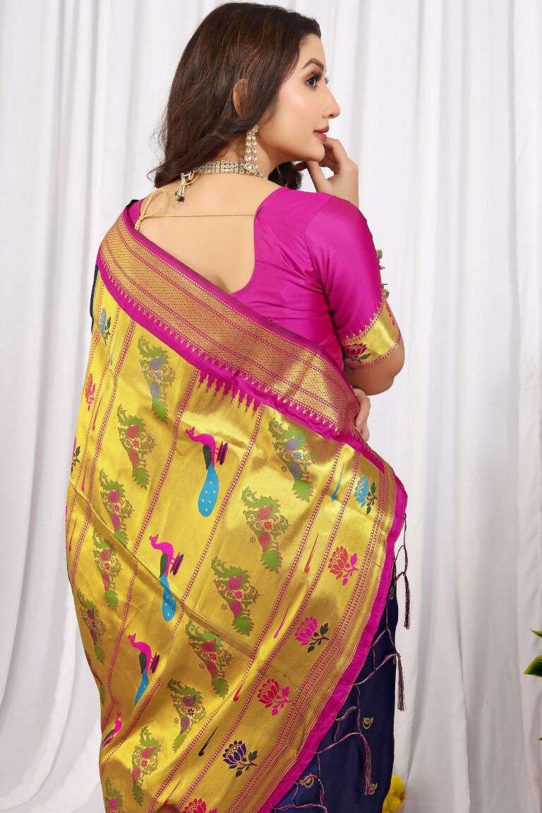 Navy Blue Paithani Silk Saree with Magenta Blouse Zari Woven