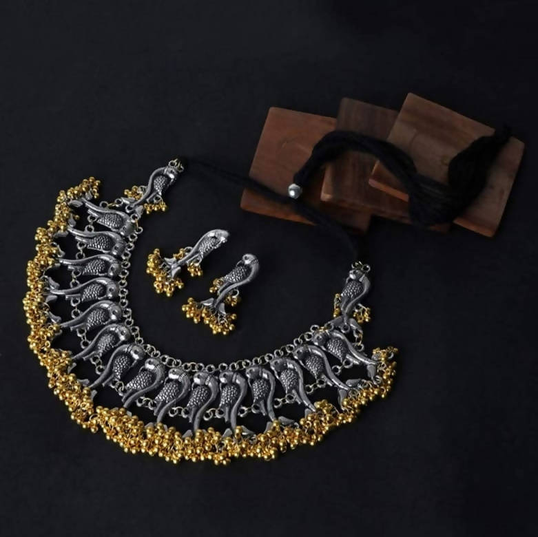 Traditional Parrot Motif Choker Necklace Set with Golden Ghungroo