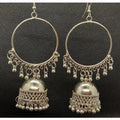 Silver tone ring earrings with dangling jhumka tassels