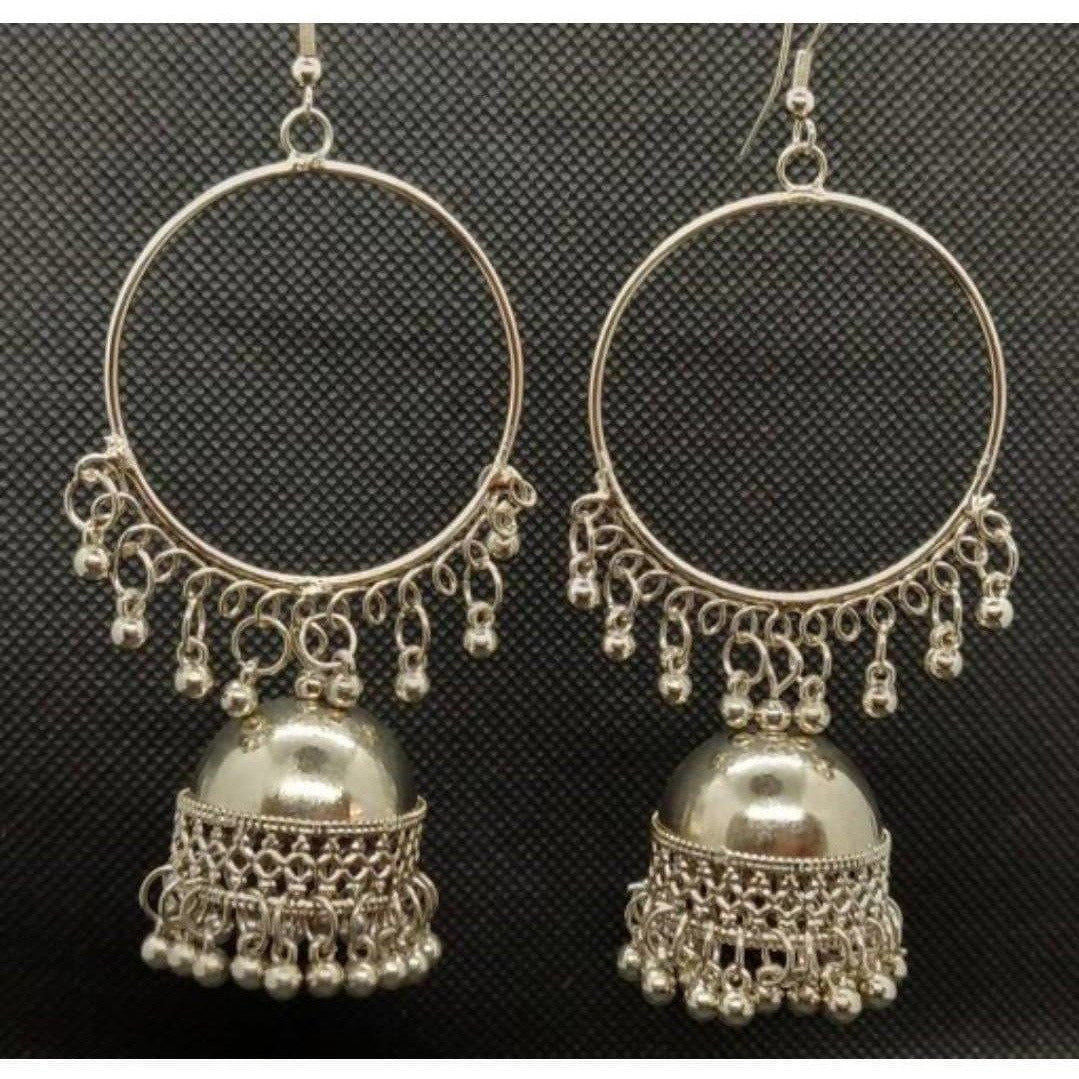 Silver tone ring earrings with dangling jhumka tassels