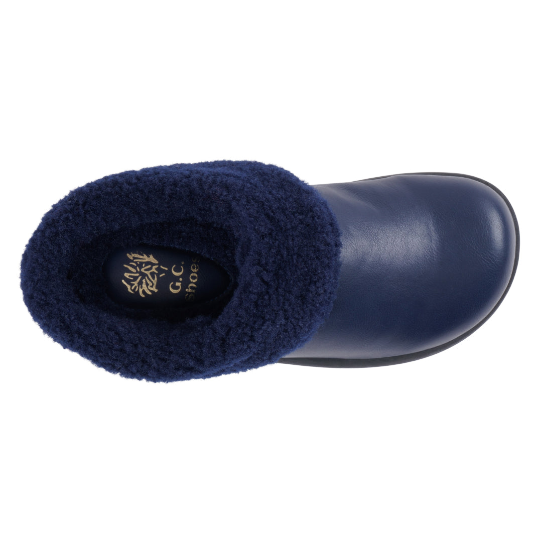 Women's Shari Navy Faux Leather Mule Slipper with Shearling Collar - Image 2