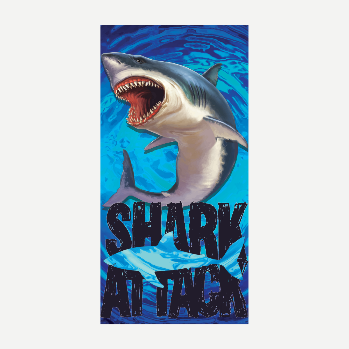 A rectangular beach towel featuring a large, detailed shark with an open mouth and text reading SHARK ATTACK over a blue water-pattern background.