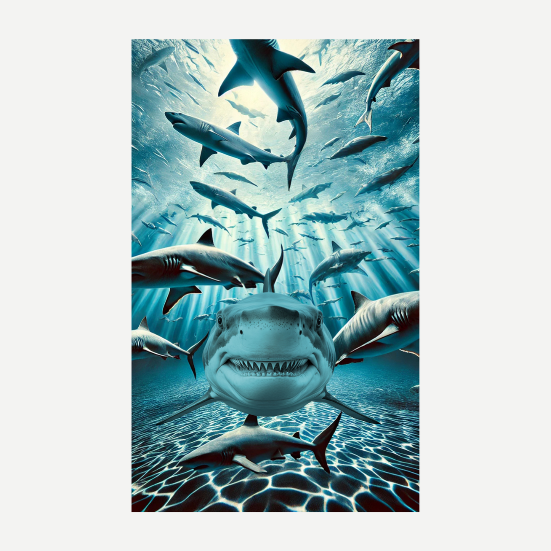 A large rectangular beach towel with an underwater scene featuring multiple sharks and sun rays filtering through the blue water.