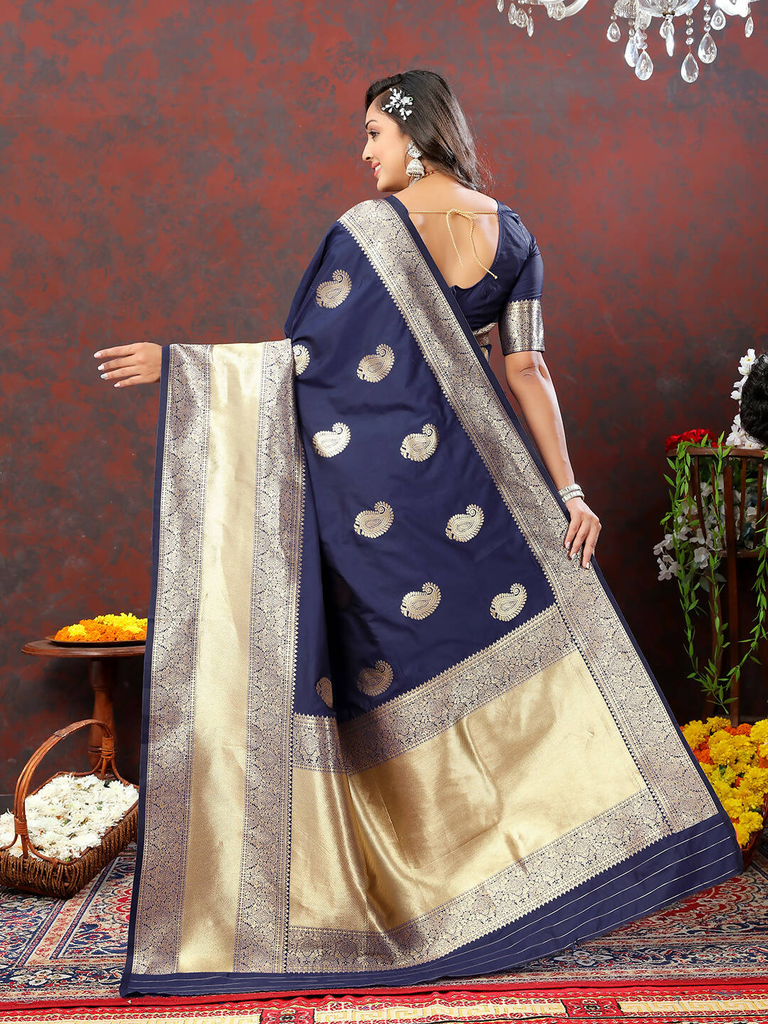 Navy Blue Soft Silk Saree with Gold Zari Weaving