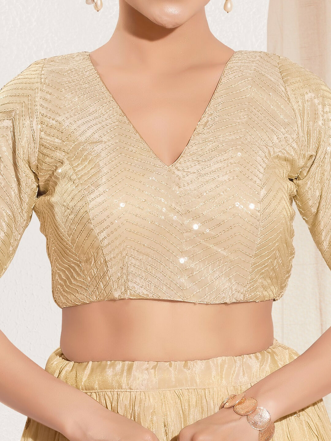 Gold Sequins Padded Blouse with V-Neck and Elbow Sleeves