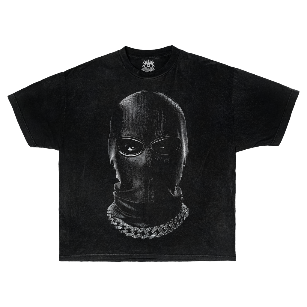 Front and back view of a black heavyweight graphic streetwear t-shirt featuring a masked figure with chain detail.
