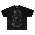 Front and back view of a black heavyweight graphic streetwear t-shirt featuring a masked figure with chain detail.