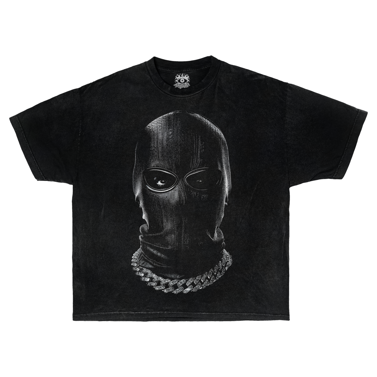 Front and back view of a black heavyweight graphic streetwear t-shirt featuring a masked figure with chain detail.