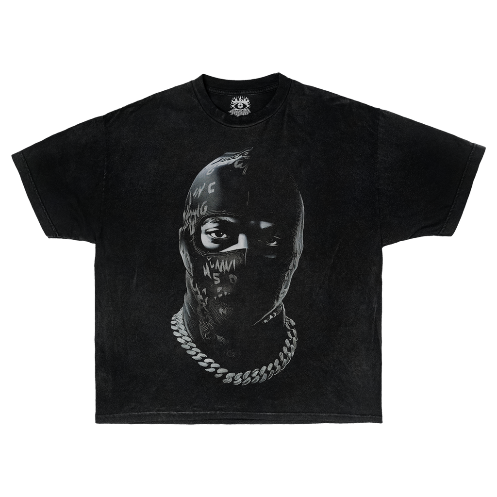 Front and back view of a black Shiesty V2 streetwear t-shirt featuring a mask graphic print on the front.