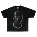 Front and back view of a black Shiesty V2 streetwear t-shirt featuring a mask graphic print on the front.