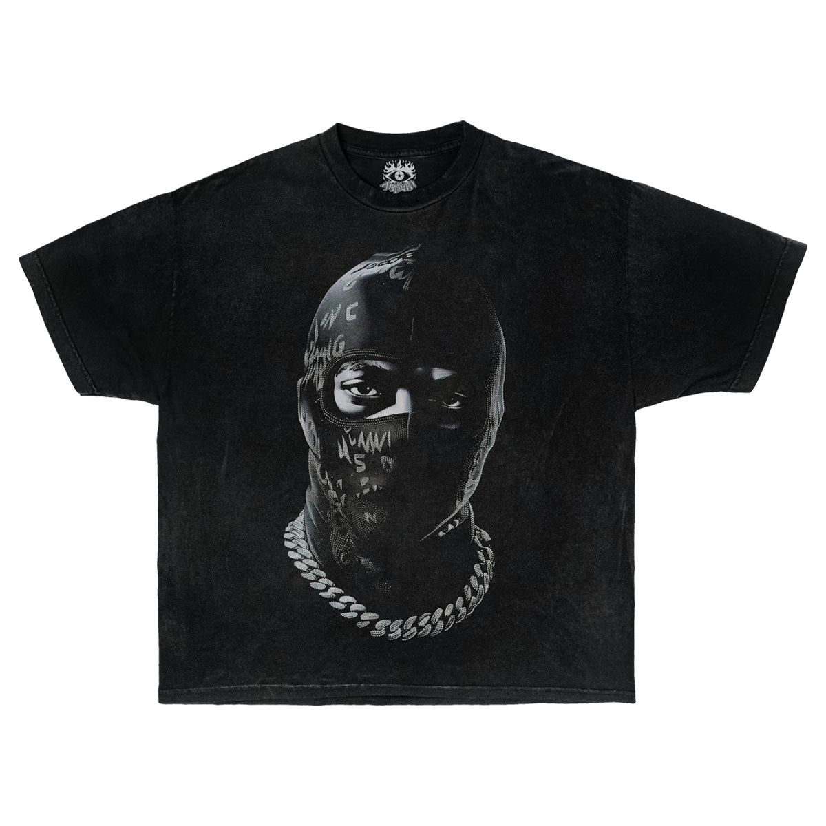 Front and back view of a black Shiesty V2 streetwear t-shirt featuring a mask graphic print on the front.