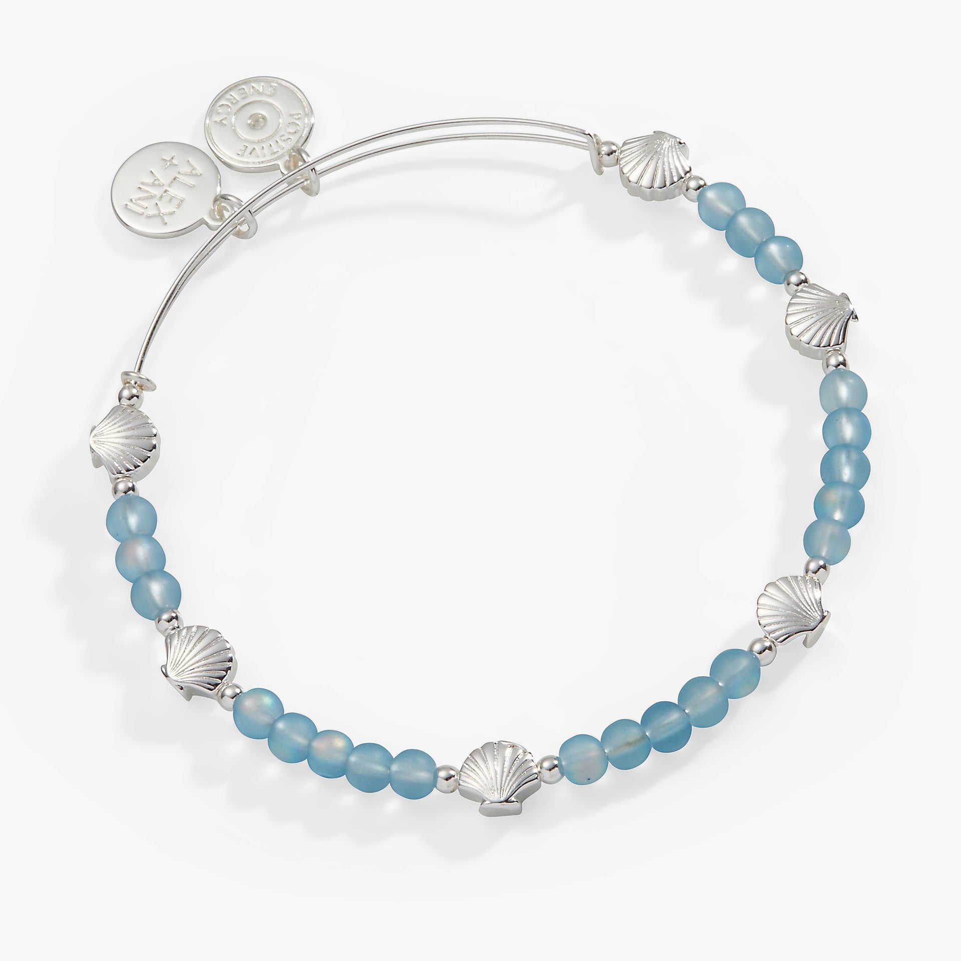 Alex + Ani Shell Motif Beaded Charm Bangle with blue beads and silver details