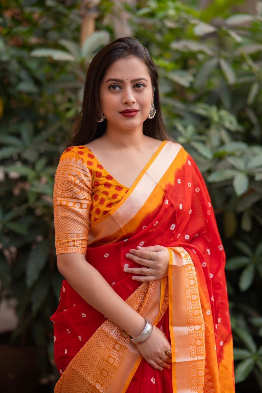 Red Jute Silk Bandhani Print Saree with Cut Broaso Border